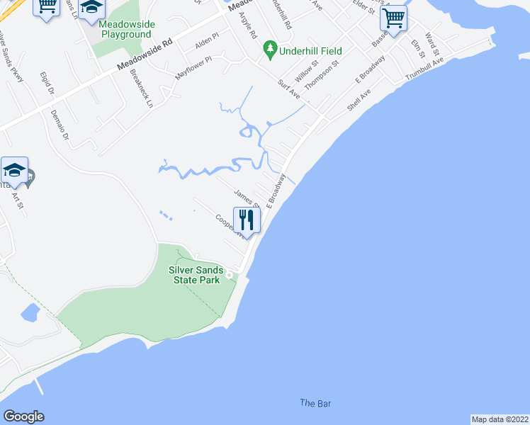 map of restaurants, bars, coffee shops, grocery stores, and more near East Broadway & James Street in Milford