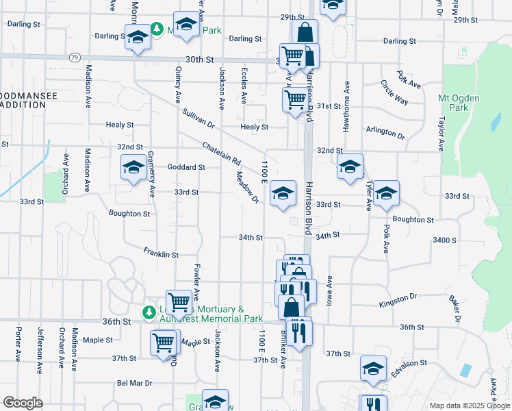 map of restaurants, bars, coffee shops, grocery stores, and more near 3315 Meadow Drive in Ogden