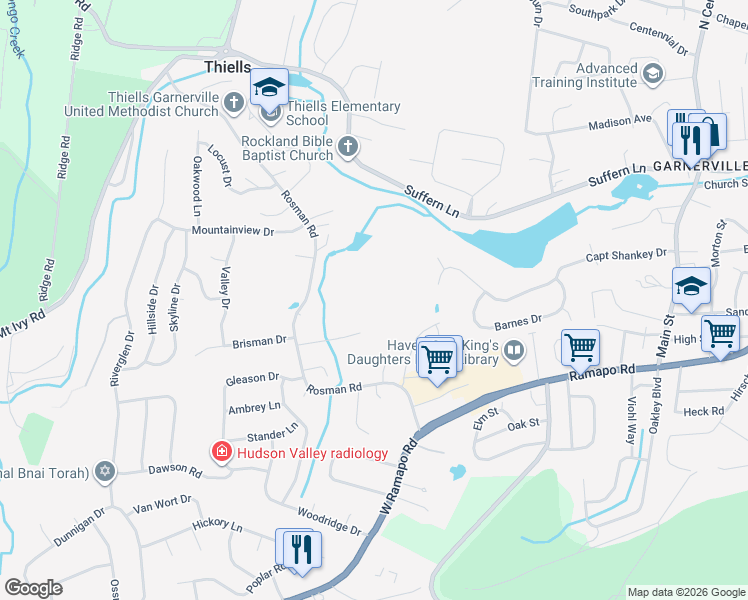 map of restaurants, bars, coffee shops, grocery stores, and more near 36 Crescent Drive in Thiells