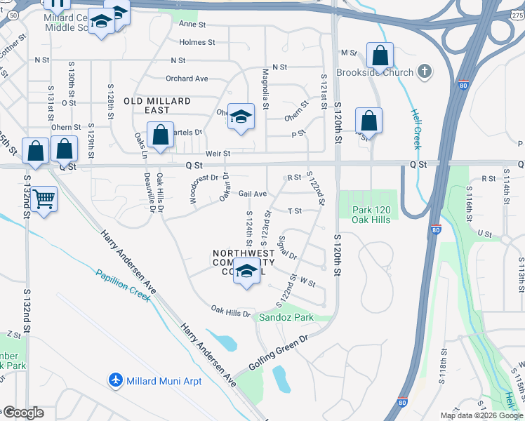 map of restaurants, bars, coffee shops, grocery stores, and more near 5504 South 123rd Street in Omaha