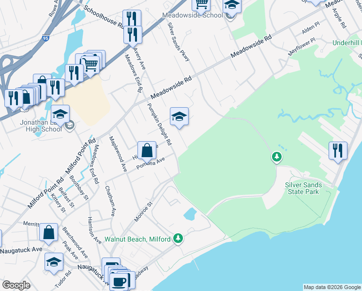 map of restaurants, bars, coffee shops, grocery stores, and more near 41 Art Street in Milford