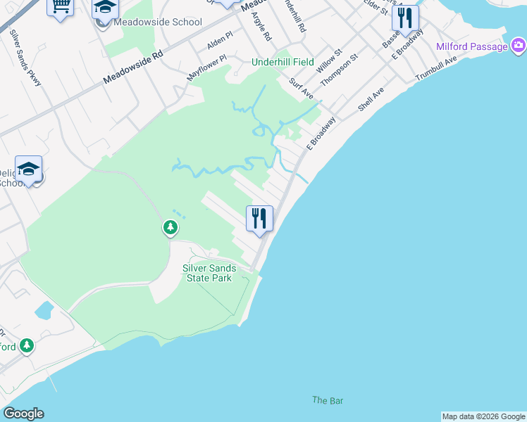 map of restaurants, bars, coffee shops, grocery stores, and more near 33 Chetwood Street in Milford