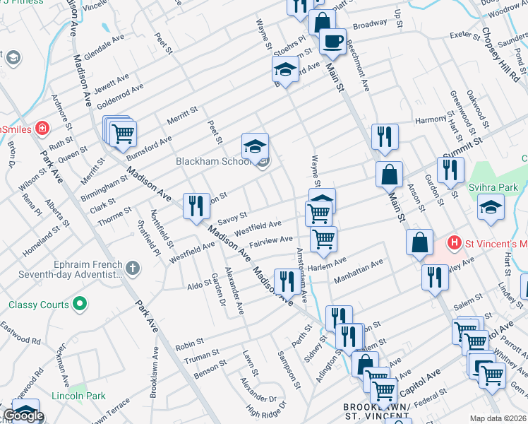 map of restaurants, bars, coffee shops, grocery stores, and more near 361 Savoy Street in Bridgeport
