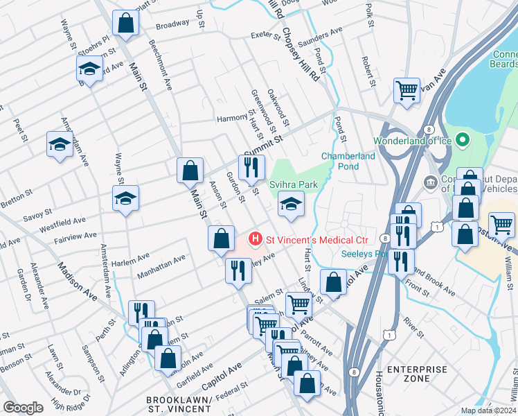 map of restaurants, bars, coffee shops, grocery stores, and more near 390 Gurdon Street in Bridgeport