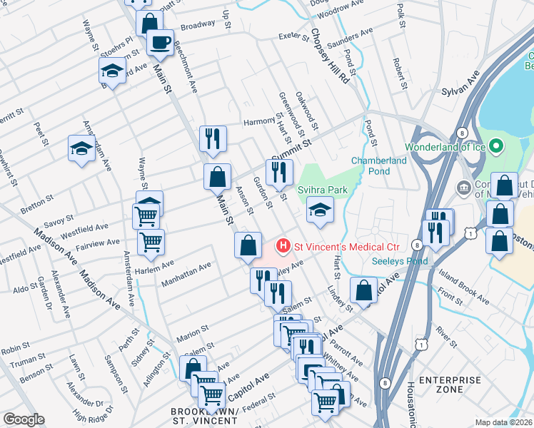 map of restaurants, bars, coffee shops, grocery stores, and more near 390 Gurdon Street in Bridgeport