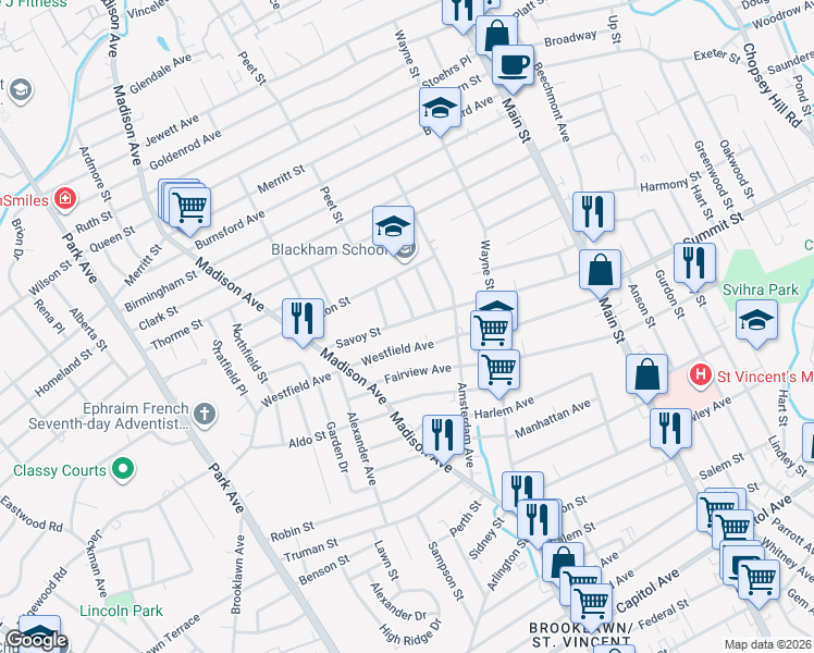 map of restaurants, bars, coffee shops, grocery stores, and more near 361 Savoy Street in Bridgeport