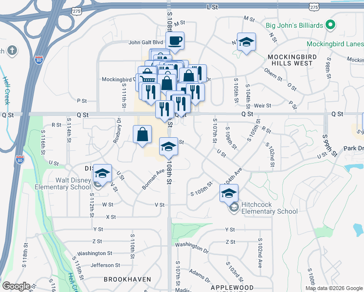 map of restaurants, bars, coffee shops, grocery stores, and more near 10790 V Street in Omaha
