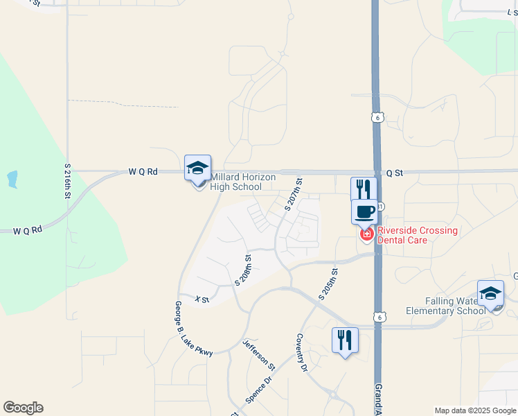 map of restaurants, bars, coffee shops, grocery stores, and more near 20517-20859 Q St in Omaha