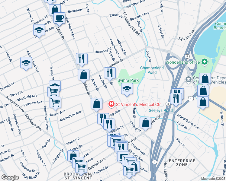 map of restaurants, bars, coffee shops, grocery stores, and more near 390 Gurdon Street in Bridgeport