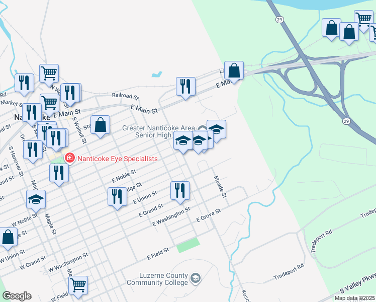 map of restaurants, bars, coffee shops, grocery stores, and more near 513 Kosciuszko Street in Nanticoke
