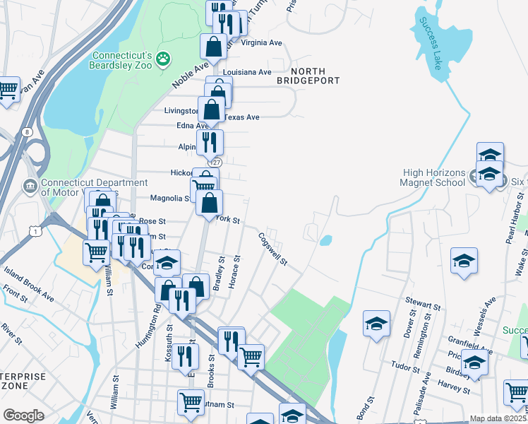 map of restaurants, bars, coffee shops, grocery stores, and more near 334-498 Horace Street in Bridgeport