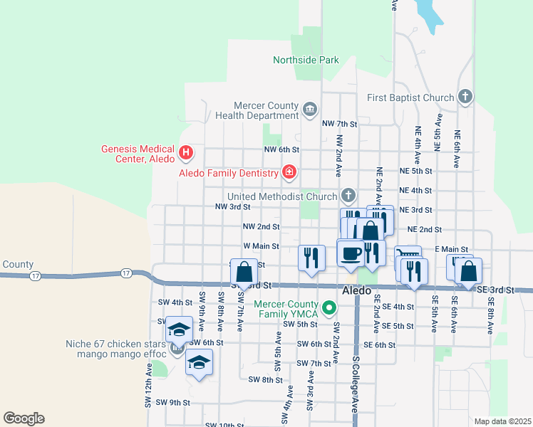 map of restaurants, bars, coffee shops, grocery stores, and more near 510 Northwest 3rd Street in Aledo