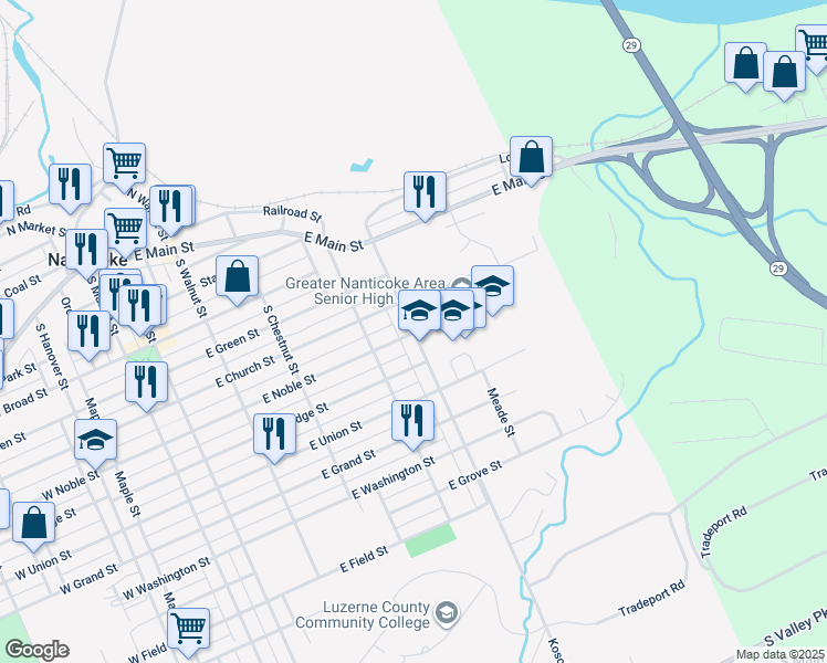 map of restaurants, bars, coffee shops, grocery stores, and more near 428 East Noble Street in Nanticoke