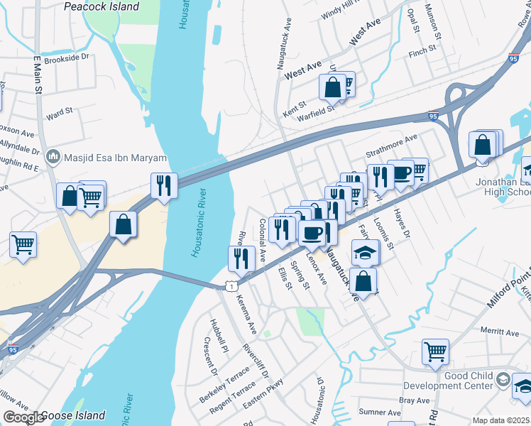map of restaurants, bars, coffee shops, grocery stores, and more near 28 Sachem Street in Milford