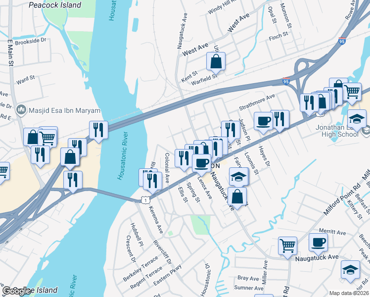 map of restaurants, bars, coffee shops, grocery stores, and more near 52 Daytona Avenue in Milford