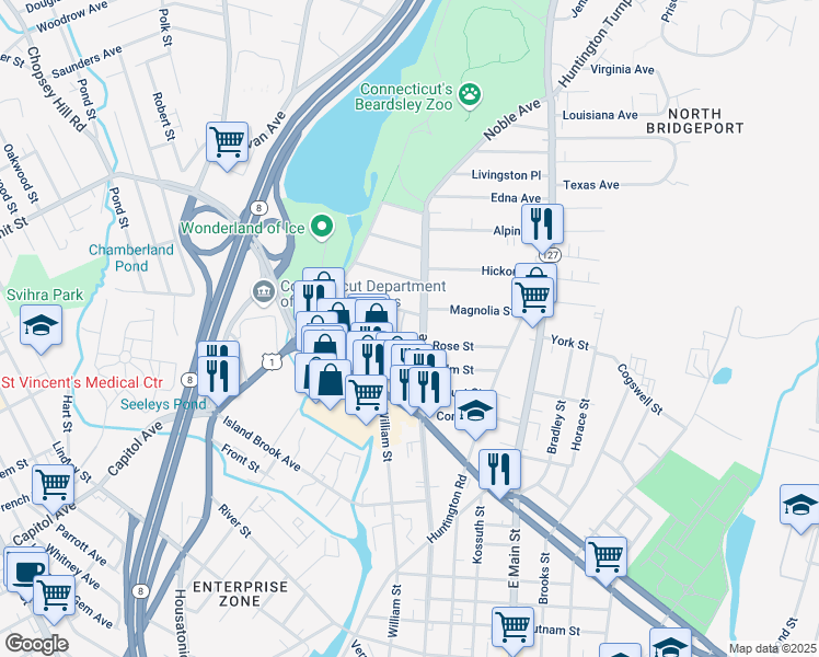 map of restaurants, bars, coffee shops, grocery stores, and more near 146 Hawthorne Street in Bridgeport