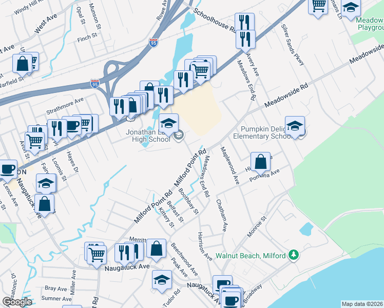 map of restaurants, bars, coffee shops, grocery stores, and more near 15 Lansdale Avenue in Milford