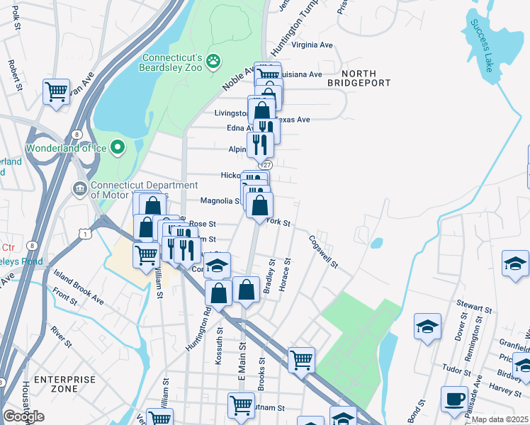 map of restaurants, bars, coffee shops, grocery stores, and more near 2110 East Main Street in Bridgeport