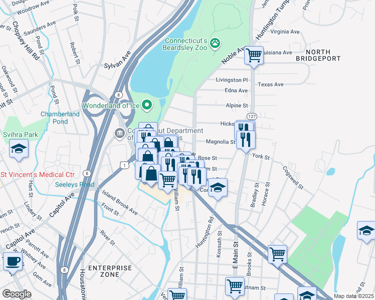 map of restaurants, bars, coffee shops, grocery stores, and more near 146 Hawthorne Street in Bridgeport