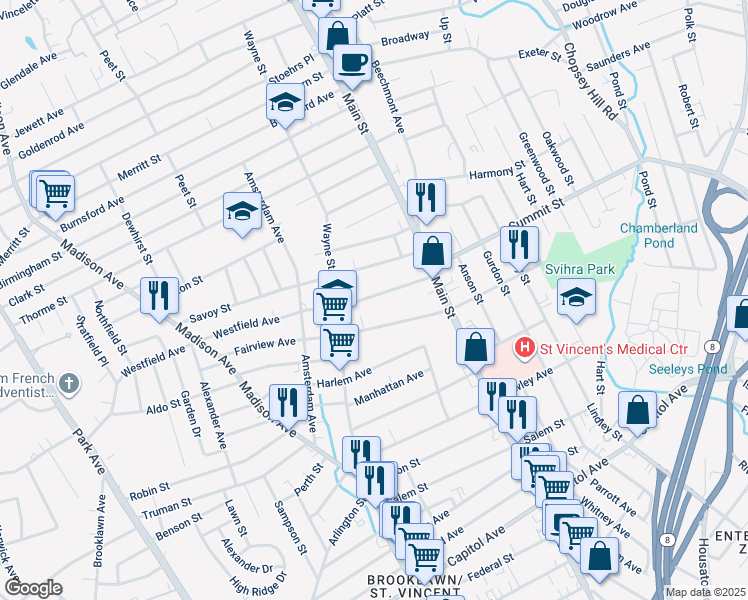 map of restaurants, bars, coffee shops, grocery stores, and more near 138 Westfield Avenue in Bridgeport