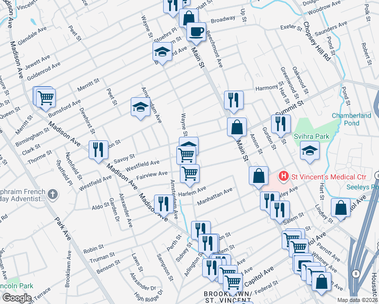 map of restaurants, bars, coffee shops, grocery stores, and more near 448 Wayne Street in Bridgeport