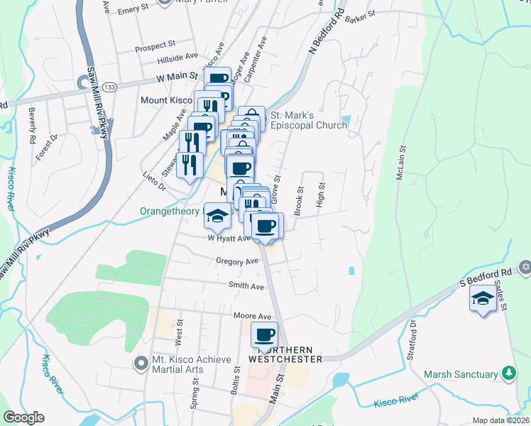 map of restaurants, bars, coffee shops, grocery stores, and more near 121 Grove Street in Mount Kisco