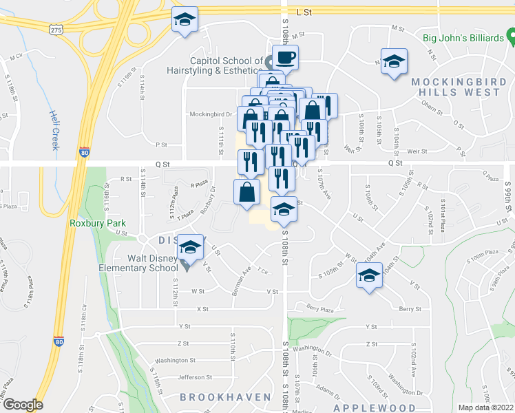 map of restaurants, bars, coffee shops, grocery stores, and more near 5710 South 108th Street in Omaha