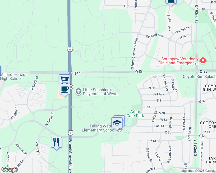 map of restaurants, bars, coffee shops, grocery stores, and more near 19813-20317 Q St in Omaha