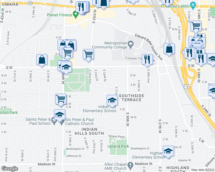 map of restaurants, bars, coffee shops, grocery stores, and more near 3125 S Street in Omaha