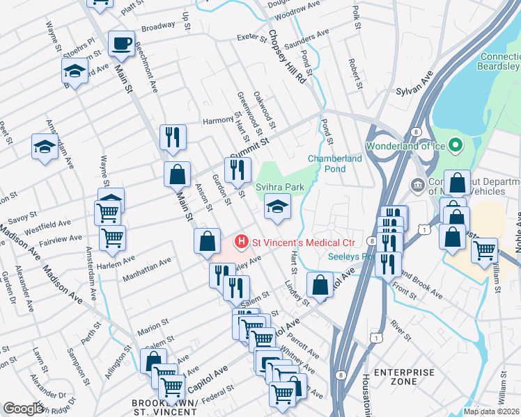 map of restaurants, bars, coffee shops, grocery stores, and more near 980 Lindley Street in Bridgeport