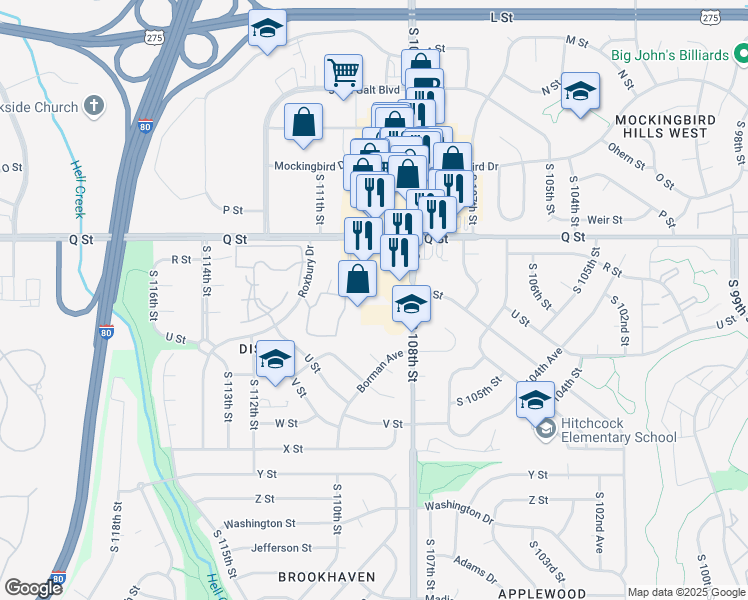 map of restaurants, bars, coffee shops, grocery stores, and more near 5710 South 108th Street in Omaha
