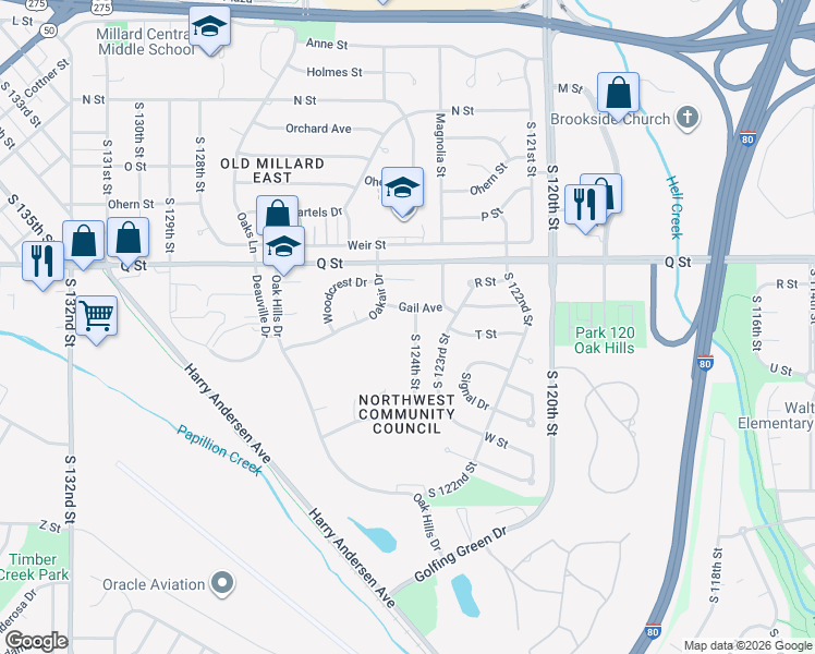 map of restaurants, bars, coffee shops, grocery stores, and more near 5416 South 124th Street in Omaha