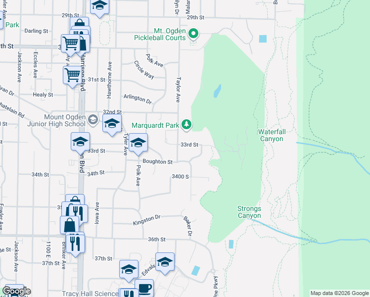 map of restaurants, bars, coffee shops, grocery stores, and more near 1515 33rd Street in Ogden