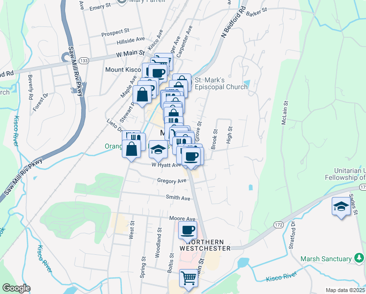 map of restaurants, bars, coffee shops, grocery stores, and more near 193 Main Street in Mount Kisco