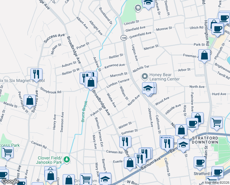 map of restaurants, bars, coffee shops, grocery stores, and more near 45 Wayne Street in Stratford