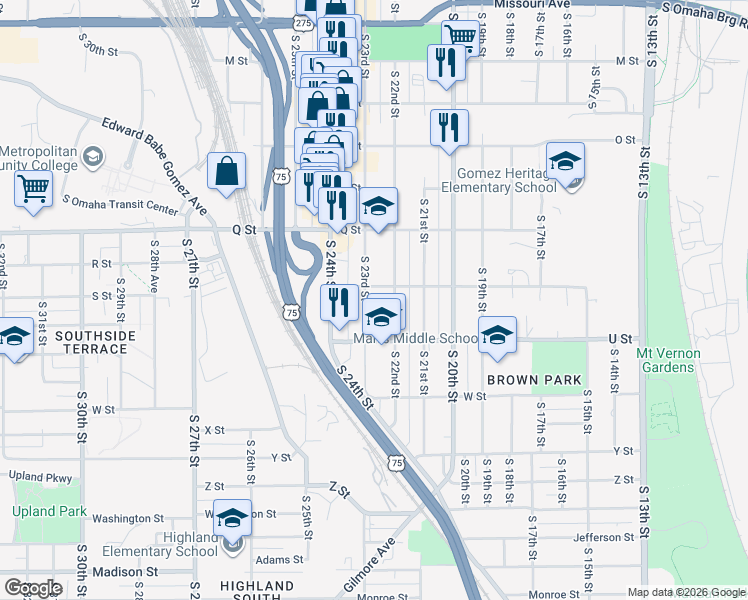 map of restaurants, bars, coffee shops, grocery stores, and more near 5408 South 22nd Street in Omaha