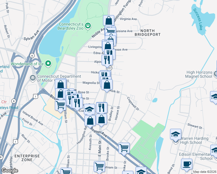 map of restaurants, bars, coffee shops, grocery stores, and more near 2110 East Main Street in Bridgeport