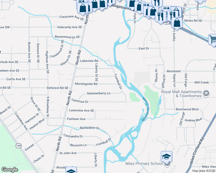 map of restaurants, bars, coffee shops, grocery stores, and more near 154 Morningside Road in Niles