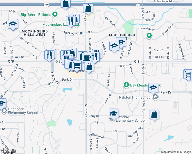 map of restaurants, bars, coffee shops, grocery stores, and more near 9556 Park Drive in Omaha