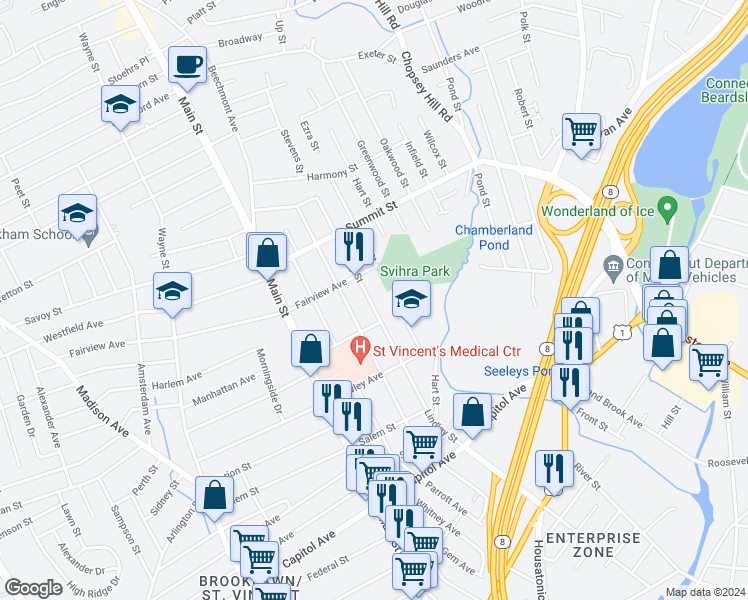 map of restaurants, bars, coffee shops, grocery stores, and more near 994 Lindley Street in Bridgeport