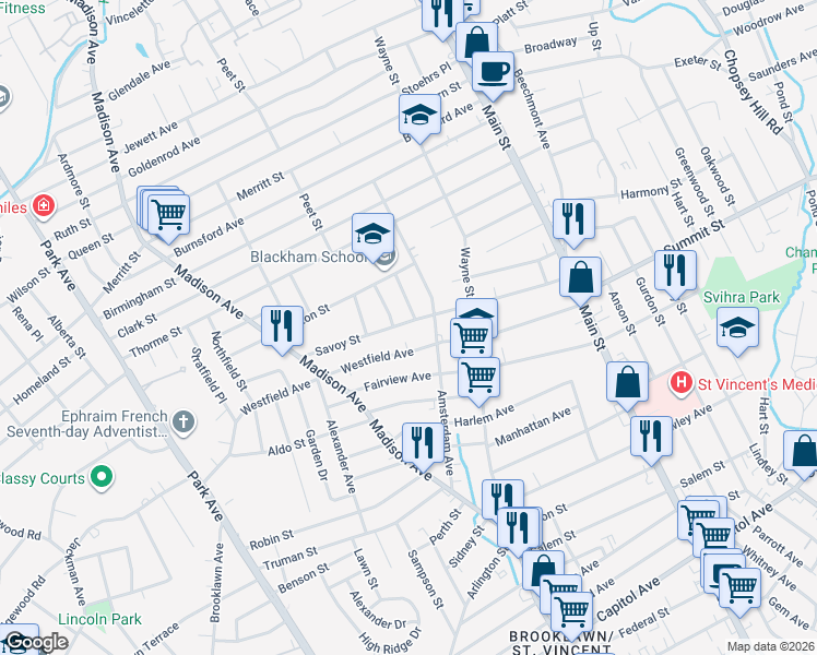 map of restaurants, bars, coffee shops, grocery stores, and more near 361 Savoy Street in Bridgeport
