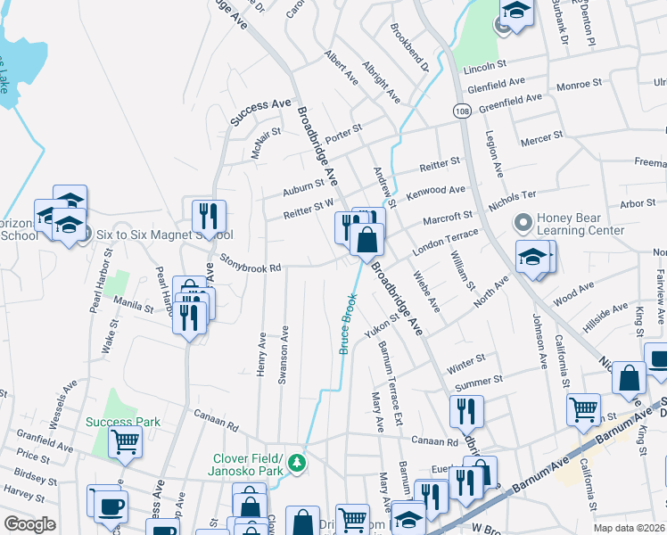 map of restaurants, bars, coffee shops, grocery stores, and more near 65 Stonybrook Road in Stratford