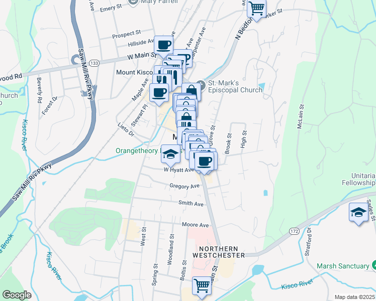 map of restaurants, bars, coffee shops, grocery stores, and more near 193 Main Street in Mount Kisco