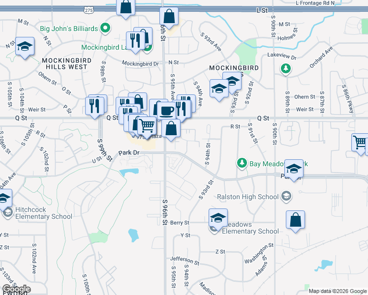 map of restaurants, bars, coffee shops, grocery stores, and more near 9566 Park Drive in Omaha