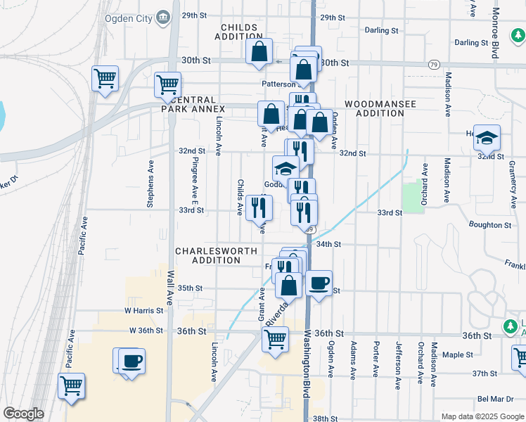 map of restaurants, bars, coffee shops, grocery stores, and more near South Grant Avenue in Ogden