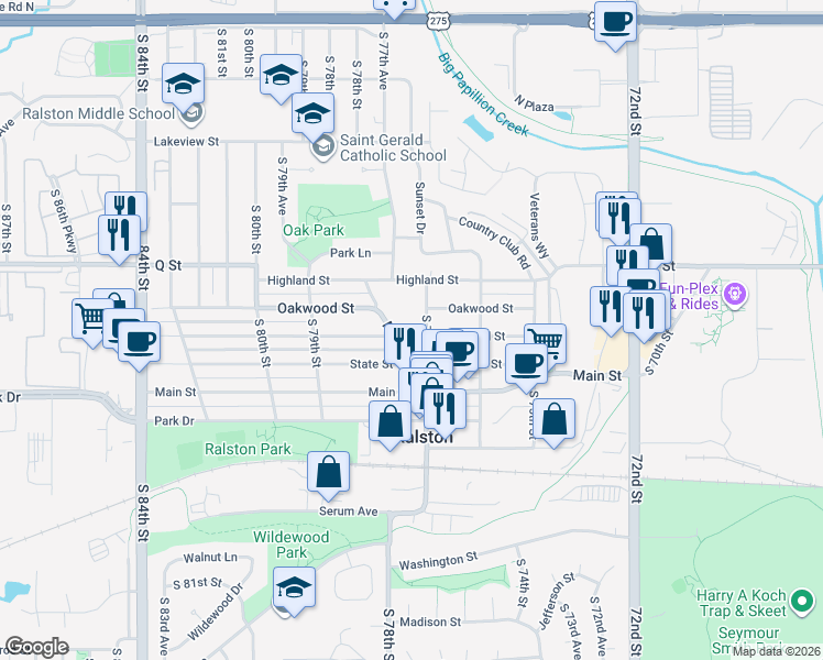 map of restaurants, bars, coffee shops, grocery stores, and more near 7722 Maywood Street in Ralston