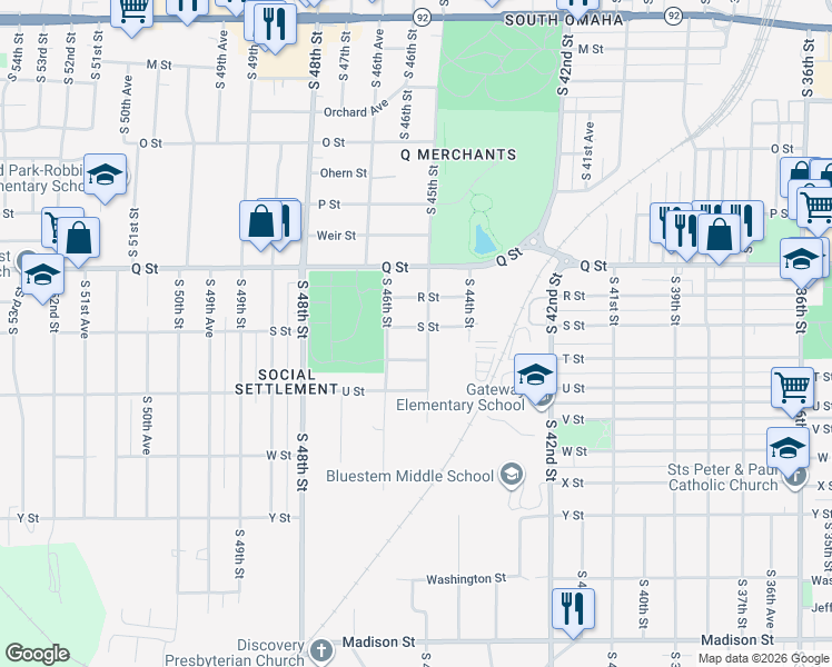 map of restaurants, bars, coffee shops, grocery stores, and more near 4511 S Street in Omaha