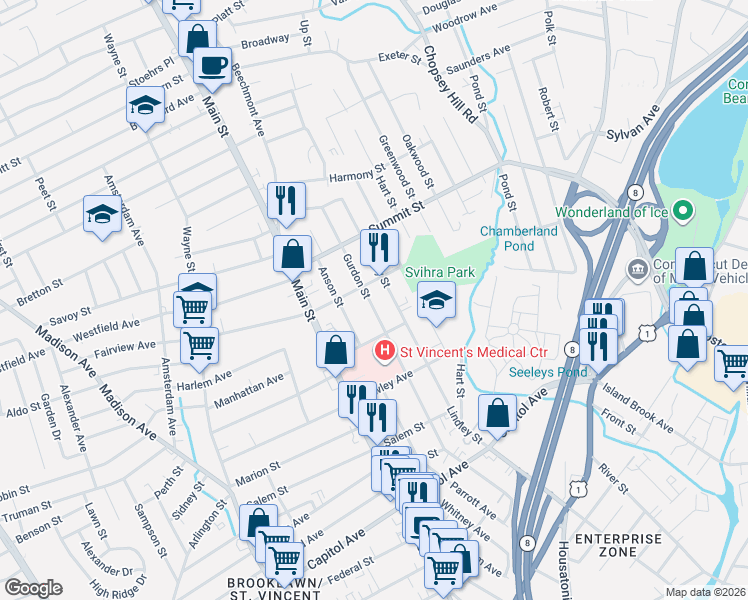 map of restaurants, bars, coffee shops, grocery stores, and more near 390 Gurdon Street in Bridgeport