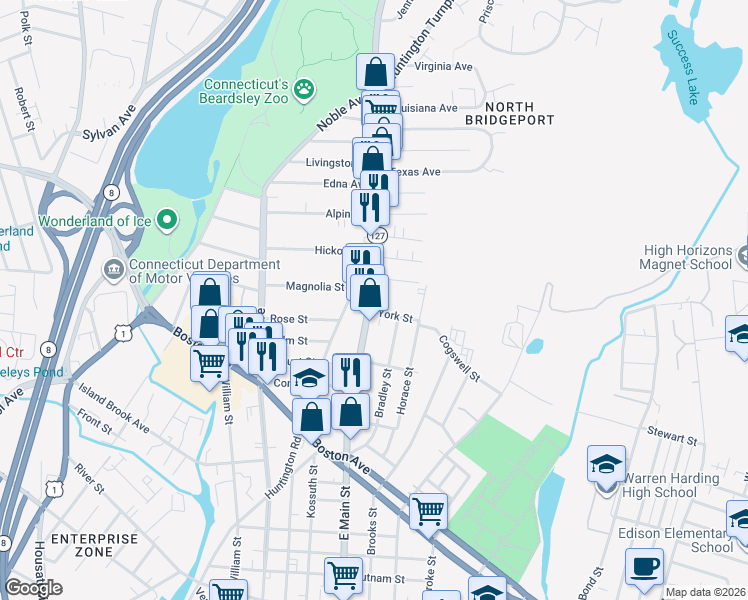 map of restaurants, bars, coffee shops, grocery stores, and more near 2110 East Main Street in Bridgeport