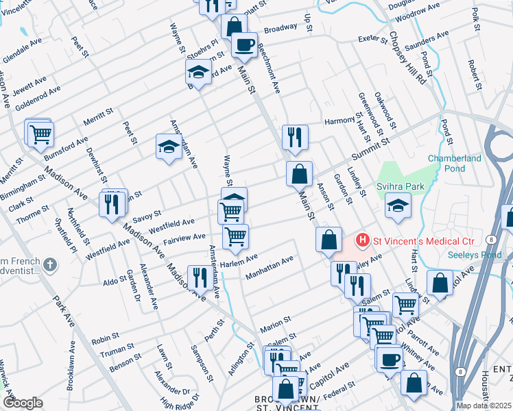 map of restaurants, bars, coffee shops, grocery stores, and more near 138 Westfield Avenue in Bridgeport
